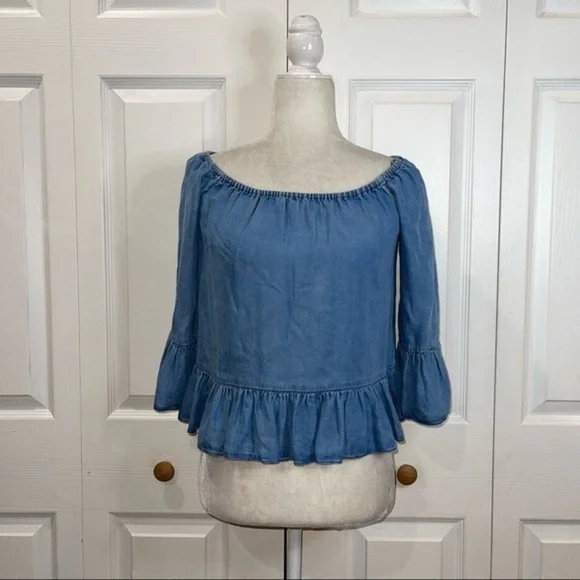 Zara Off The Shoulder Denim Ruffle Top - Picture 2 of 6